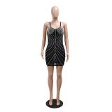 Black Halter Low Cut Bodycon Rhinestones Mini Dress