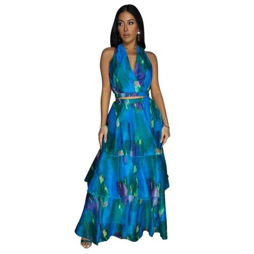 Blue Off Shoulder Chiffon Deep V Neck Printed Casual Ruffles Floral Dress