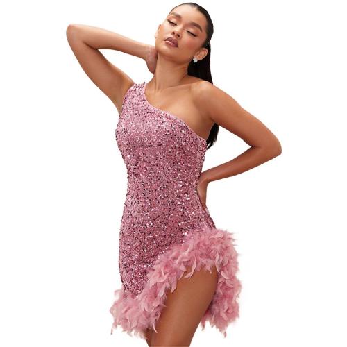 Pink Halter Sleeveless Sequins Bodycon Party Feather Mini Dress