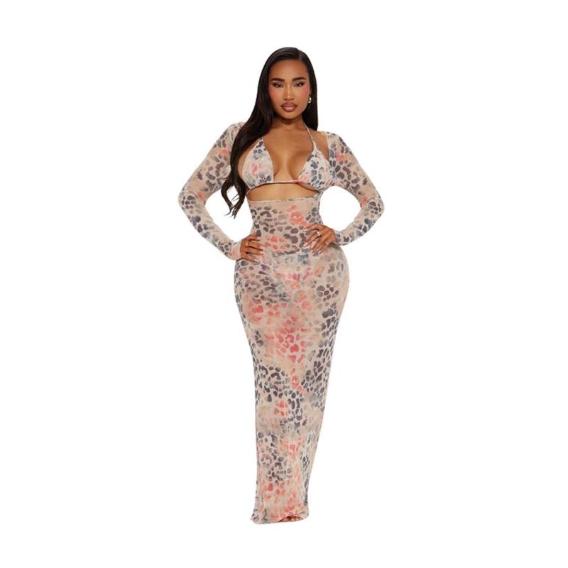 Leopard Long Sleeve Mesh See Through Sexy Long Dress with Underwear Sets