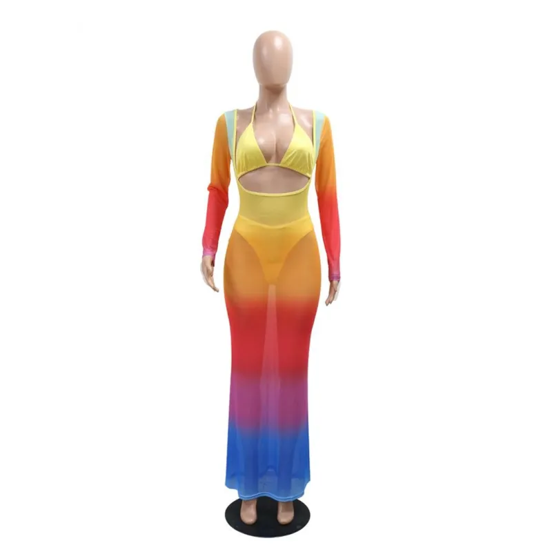 Yellow Long Sleeve Mesh See Through Sexy Long Dress with Underwear Sets