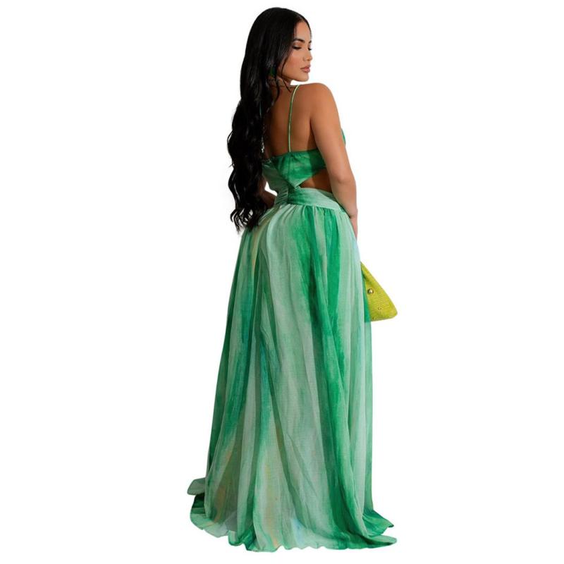 Green Hollow Out Printed Chiffon Maxi Dress