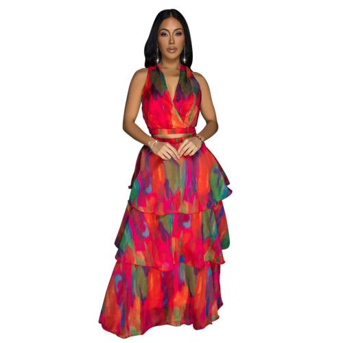 Red Off Shoulder Chiffon Deep V Neck Printed Casual Ruffles Floral Dress