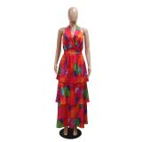 Red Off Shoulder Chiffon Deep V Neck Printed Casual Ruffles Floral Dress