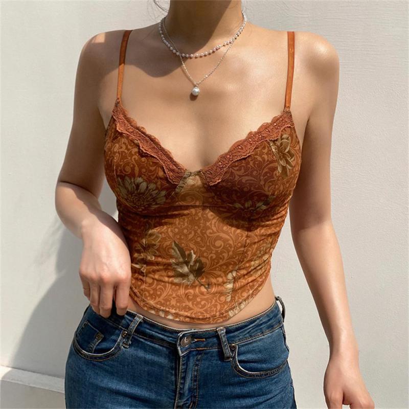 Khaki Lace Straps Sexy Printed Crop Top
