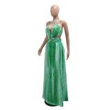 Green Hollow Out Printed Chiffon Maxi Dress