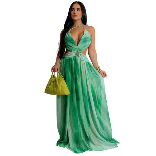 Green Hollow Out Printed Chiffon Maxi Dress