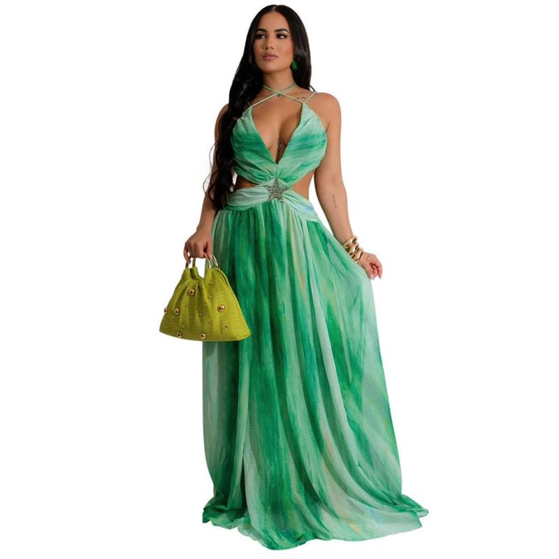 Green Hollow Out Printed Chiffon Maxi Dress
