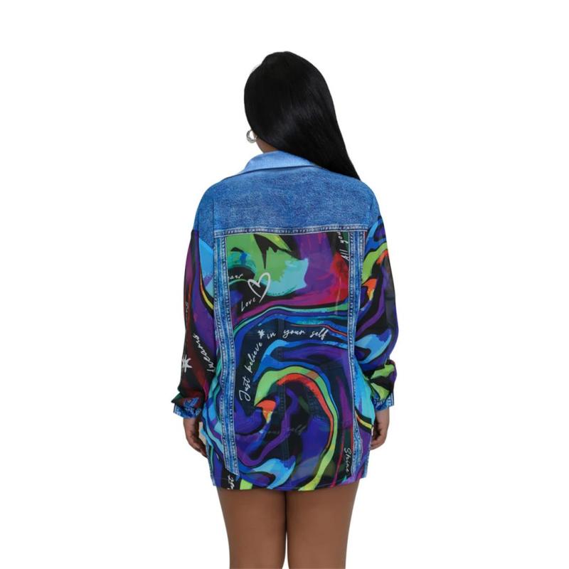 Blue Long Sleeve Button Two Pieces Crop Top Printed Short Skirt Sets