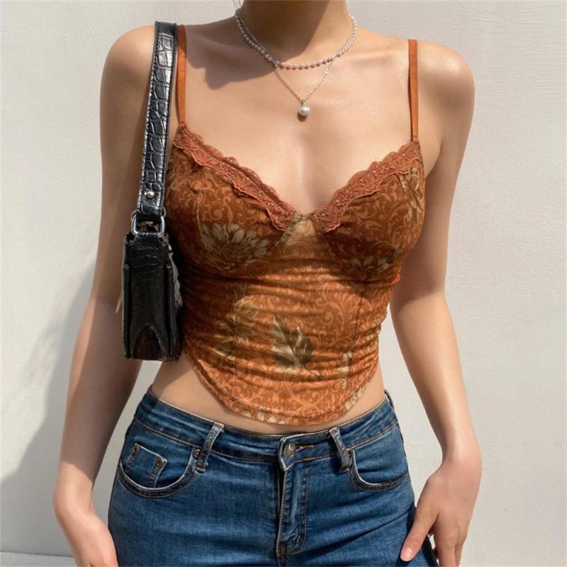 Khaki Lace Straps Sexy Printed Crop Top