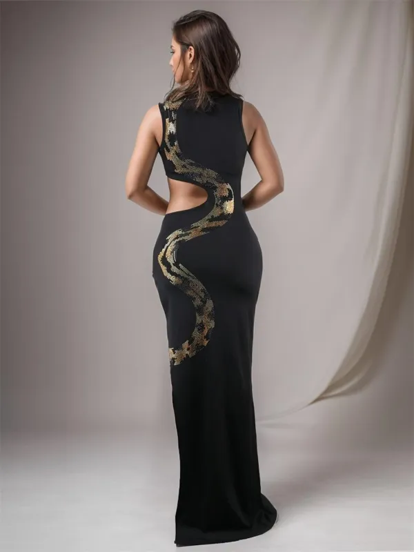 Black Sleeveless O Neck Rhinestone Slit Elegant Women Dress
