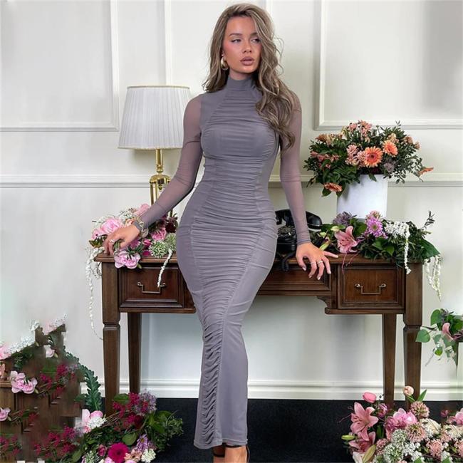 Gray Mesh Long Sleeve Pleated Layer Lining Elegant Women Prom Midi Dress