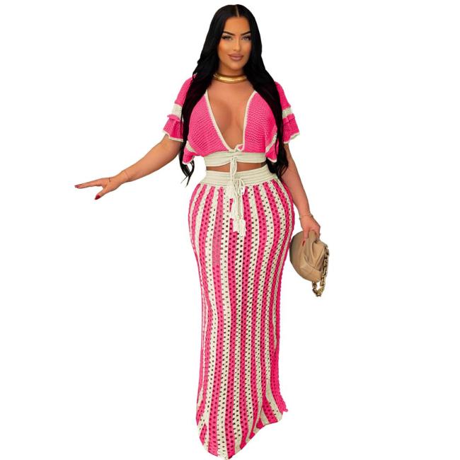 Rose Red Knitting V Neck Crop Tops Luxury Hollow Out Casual Skirt Sets