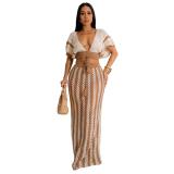 Khaki Knitting V Neck Crop Tops Luxury Hollow Out Casual Skirt Sets