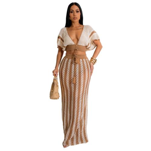 Khaki Knitting V Neck Crop Tops Luxury Hollow Out Casual Skirt Sets