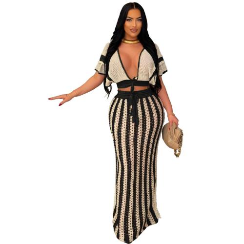 White Knitting V Neck Crop Tops Luxury Hollow Out Casual Skirt Sets