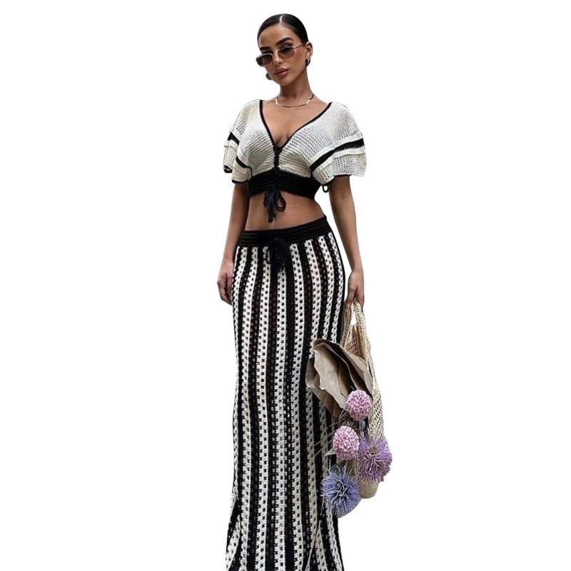 White Knitting V Neck Crop Tops Luxury Hollow Out Casual Skirt Sets