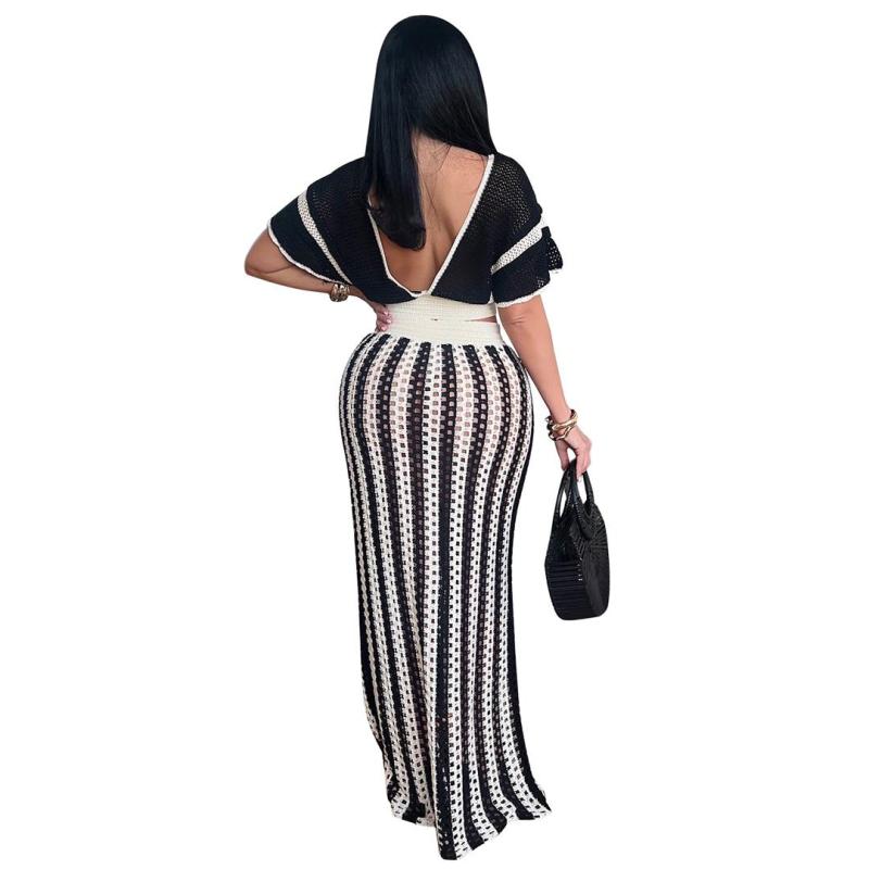 Black Knitting V Neck Crop Tops Luxury Hollow Out Casual Skirt Sets