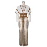 Khaki Knitting V Neck Crop Tops Luxury Hollow Out Casual Skirt Sets