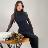 Black Mesh Long Sleeve Pleated Layer Lining Elegant Women Prom Midi Dress