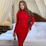 Red Mesh Long Sleeve Pleated Layer Lining Elegant Women Prom Midi Dress
