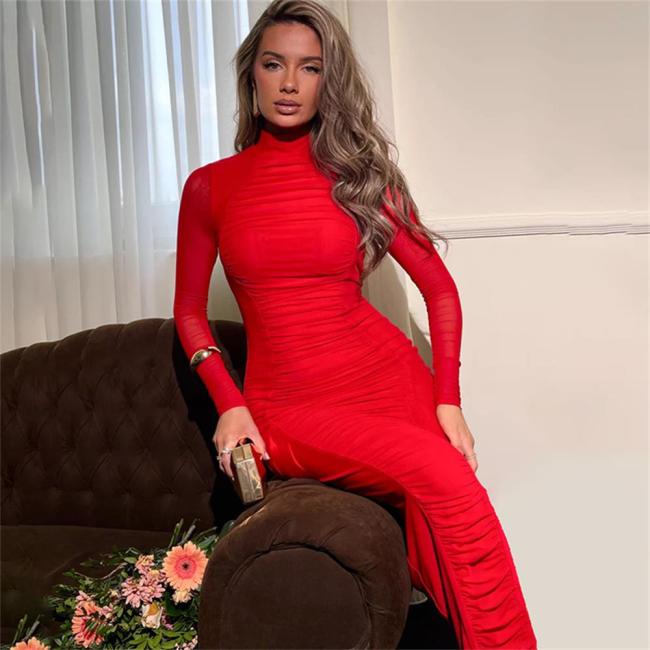 Red Mesh Long Sleeve Pleated Layer Lining Elegant Women Prom Midi Dress