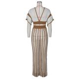 Khaki Knitting V Neck Crop Tops Luxury Hollow Out Casual Skirt Sets