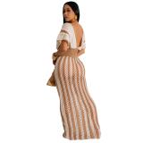 Khaki Knitting V Neck Crop Tops Luxury Hollow Out Casual Skirt Sets