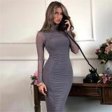 Gray Mesh Long Sleeve Pleated Layer Lining Elegant Women Prom Midi Dress