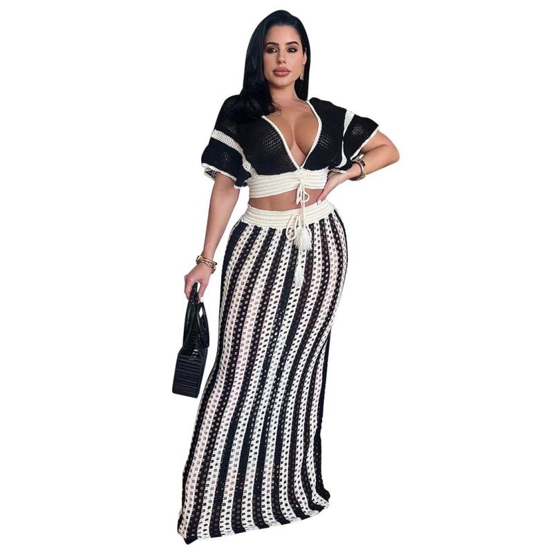 Black Knitting V Neck Crop Tops Luxury Hollow Out Casual Skirt Sets