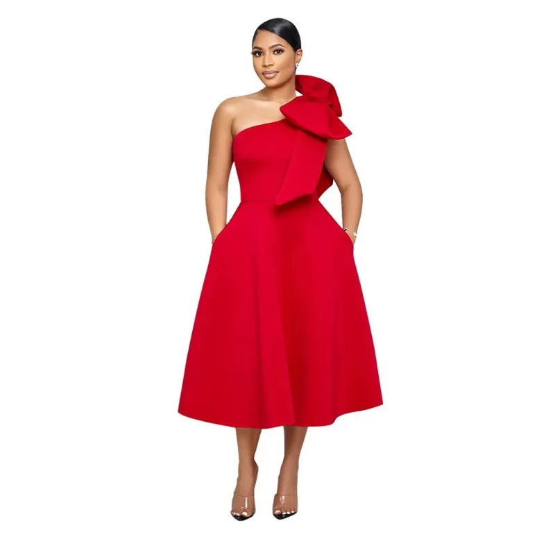 Red Sleeveless Off Shoulder Bow Fashion Women Prom Skirt Dress