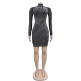 Black Mesh Long Sleeve See Through Rhinestone Bodycon Mini Dress