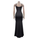 Black Sleeveless Rhinestones Mesh See Through Maxi Dress