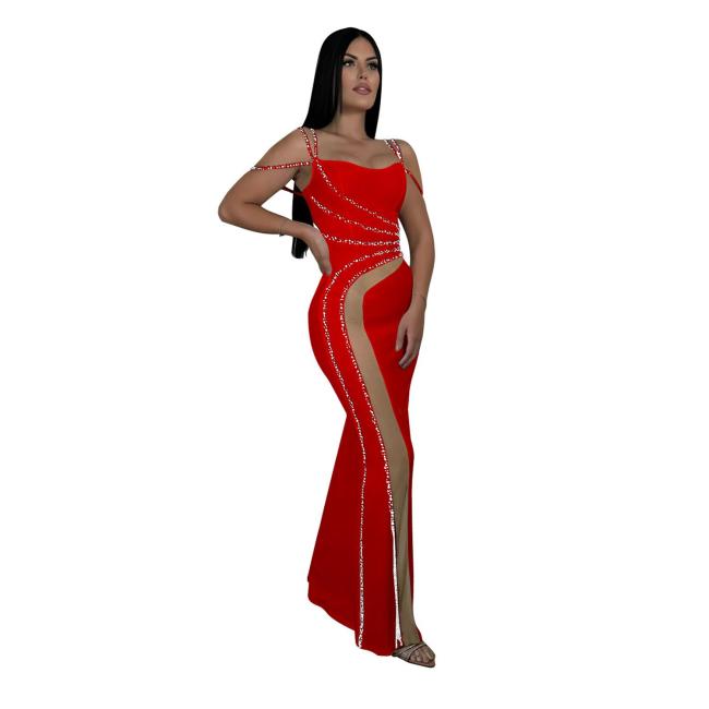 Red Sleeveless Rhinestones Mesh See Through Maxi Dress