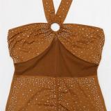 Khaki Sleeveless Halter Rhinestone Tassels Bodycon Mini Dress