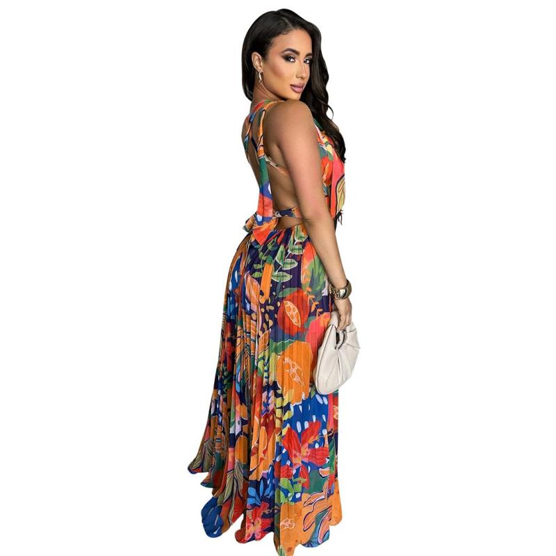 Yellow Sleeveless Printing Deep V Neck Casual Floral Dress