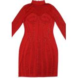 Red Mesh Long Sleeve See Through Rhinestone Bodycon Mini Dress