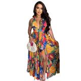Yellow Sleeveless Printing Deep V Neck Casual Floral Dress