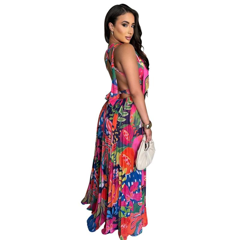 Red Sleeveless Printing Deep V Neck Casual Floral Dress