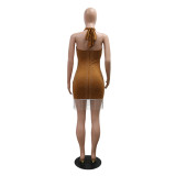 Khaki Sleeveless Halter Rhinestone Tassels Bodycon Mini Dress