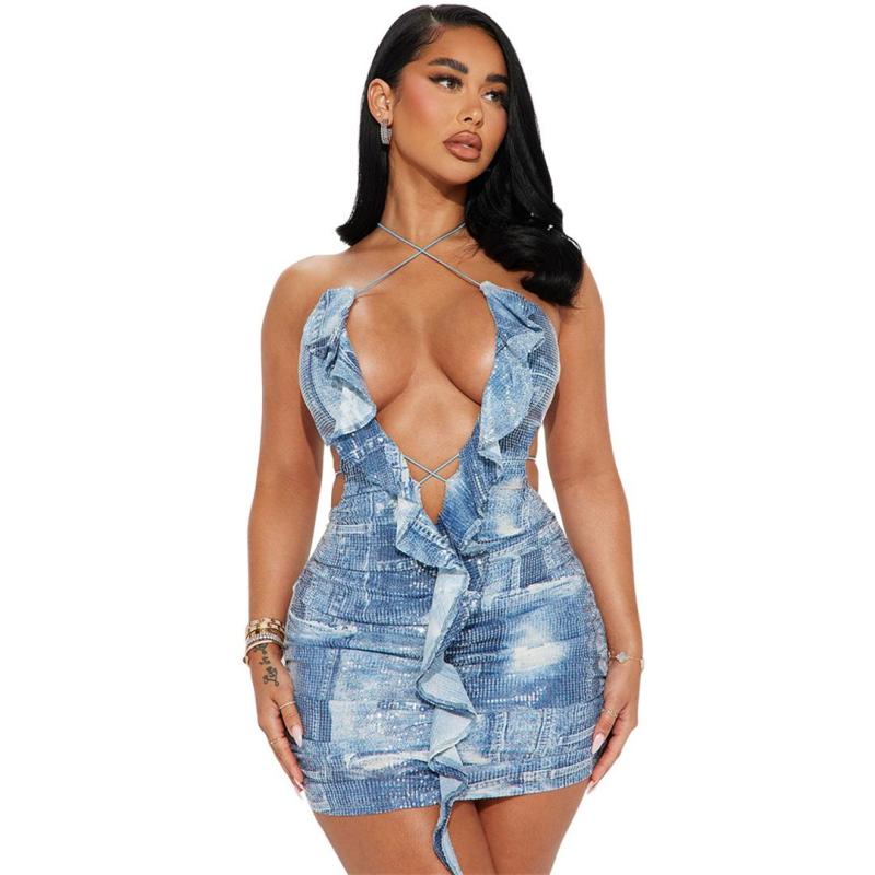 Blue Straps Deep V Neck Ruffles Sequins Party Mini Dress