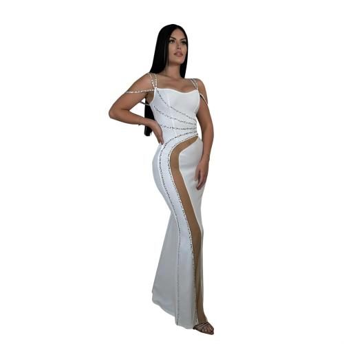 White Sleeveless Rhinestones Mesh See Through Maxi Dress