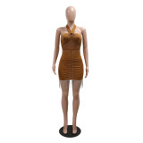 Khaki Sleeveless Halter Rhinestone Tassels Bodycon Mini Dress