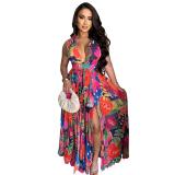 Red Sleeveless Printing Deep V Neck Casual Floral Dress