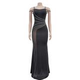 Black Sleeveless Rhinestones Mesh See Through Maxi Dress