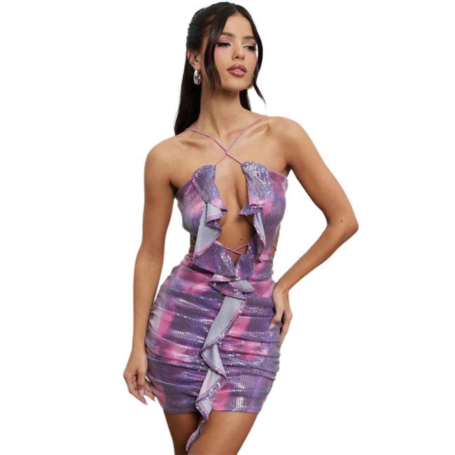 Purple Straps Deep V Neck Ruffles Sequins Party Mini Dress