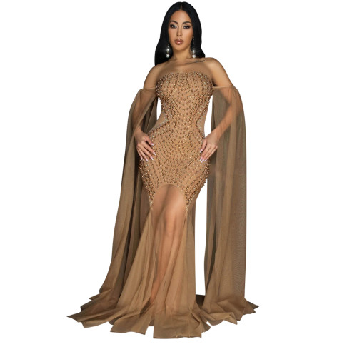 Khaki Off Shoulder Mesh Pearls Pleated Diamonds Wedding Maxi Dress