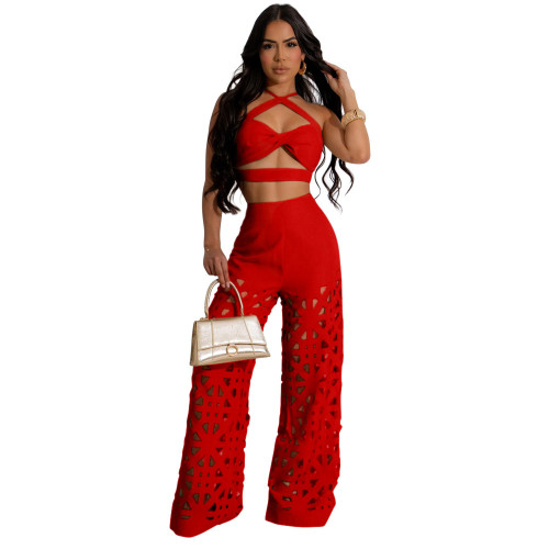 Beige Sleeveless Sexy Tops Cut Out Pleated Wide Leg Jumpsuit Sets