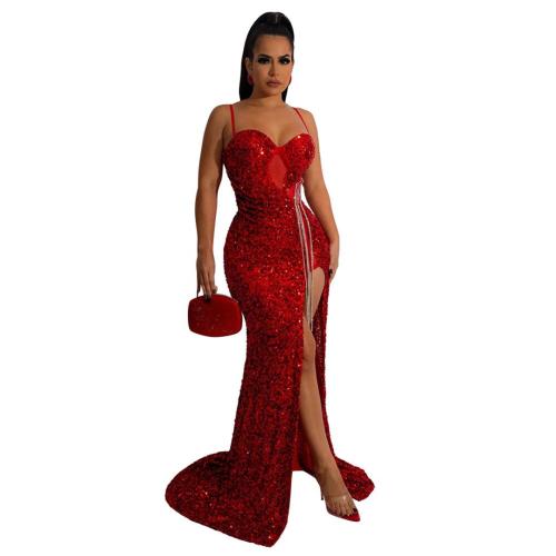Black Strapless Low Cut Sequins Pleated Mesh Rhinestone Tassels Elegant Maxi Dress