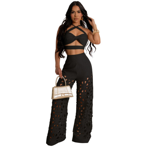 Black Sleeveless Sexy Tops Cut Out Pleated Wide Leg Jumpsuit Sets